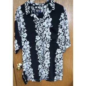 Falcon Bay Men's Hawaiian Floral Black White Rayon Button-Up Shirt Size M